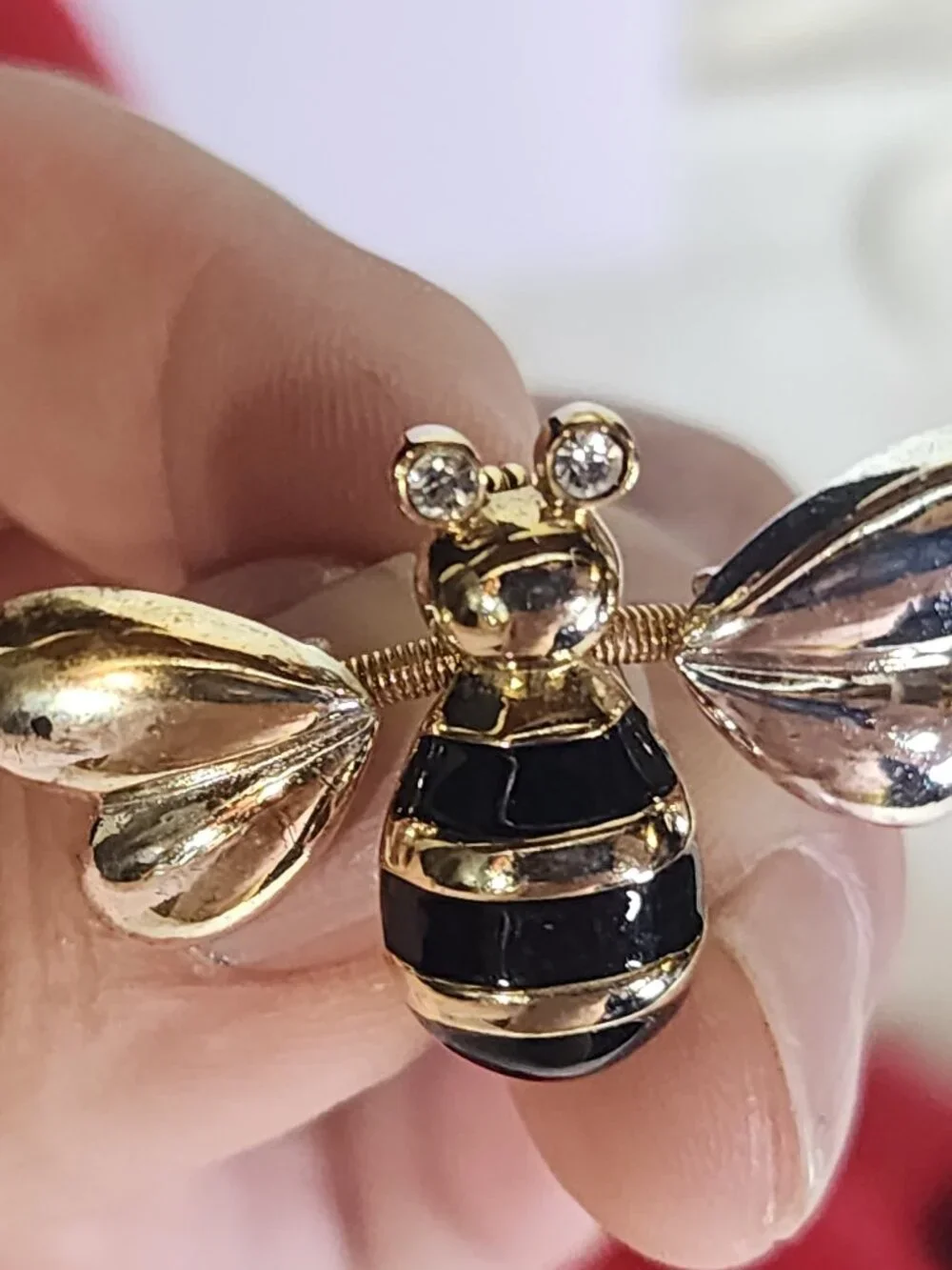Mixed Metal Vintage Black Enamel Trembler Heart Winged w/Rhinestone Eyes Bee Pin